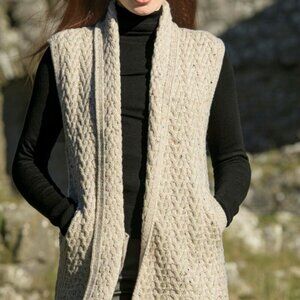 Aran Cardigan Open Front Ireland Beige Super Soft Merino Wool Knit Small Womens